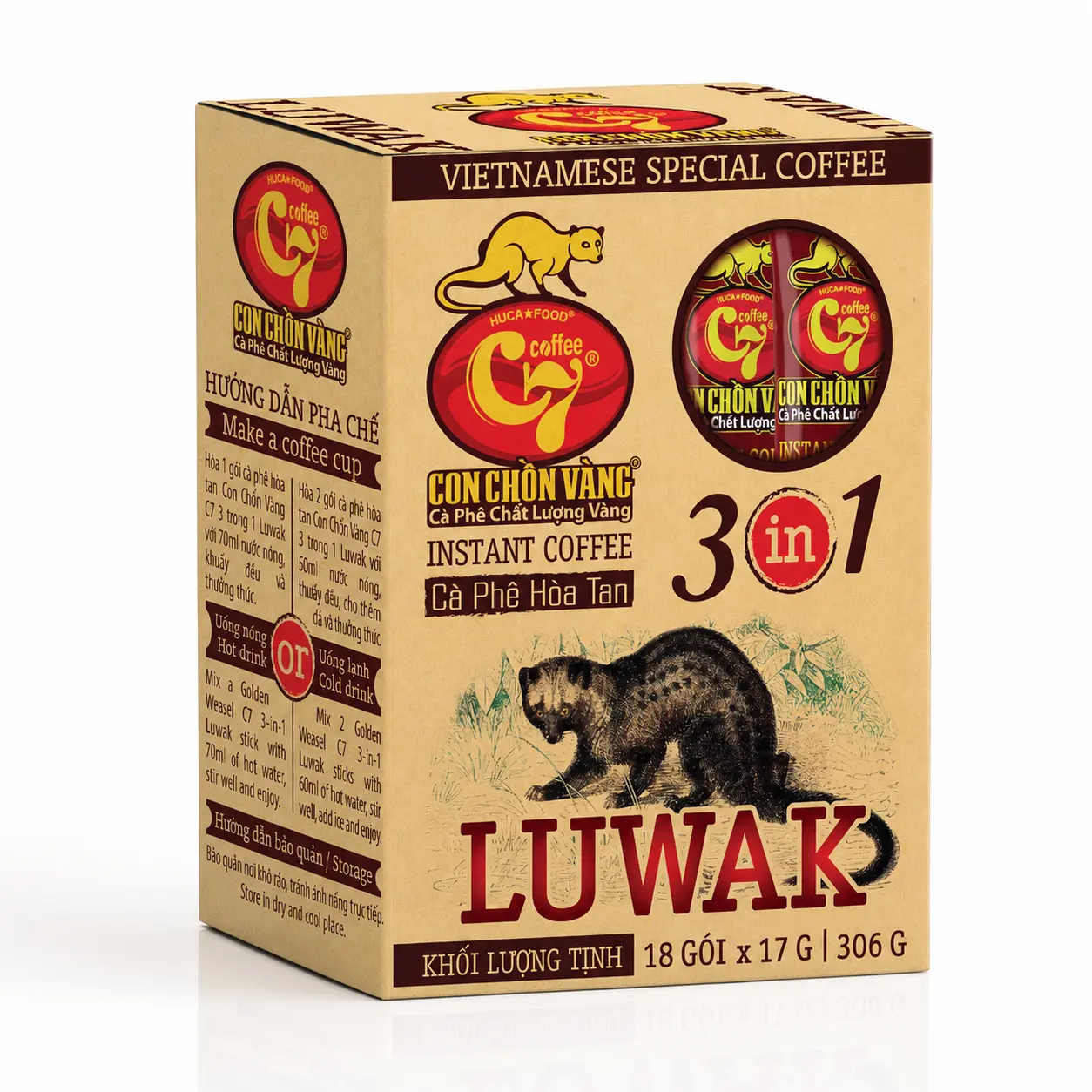CÀ PHÊ HÒA TAN 3IN1 HỘP 18 QUEX17G LUWAK BÓNG KÍNH
