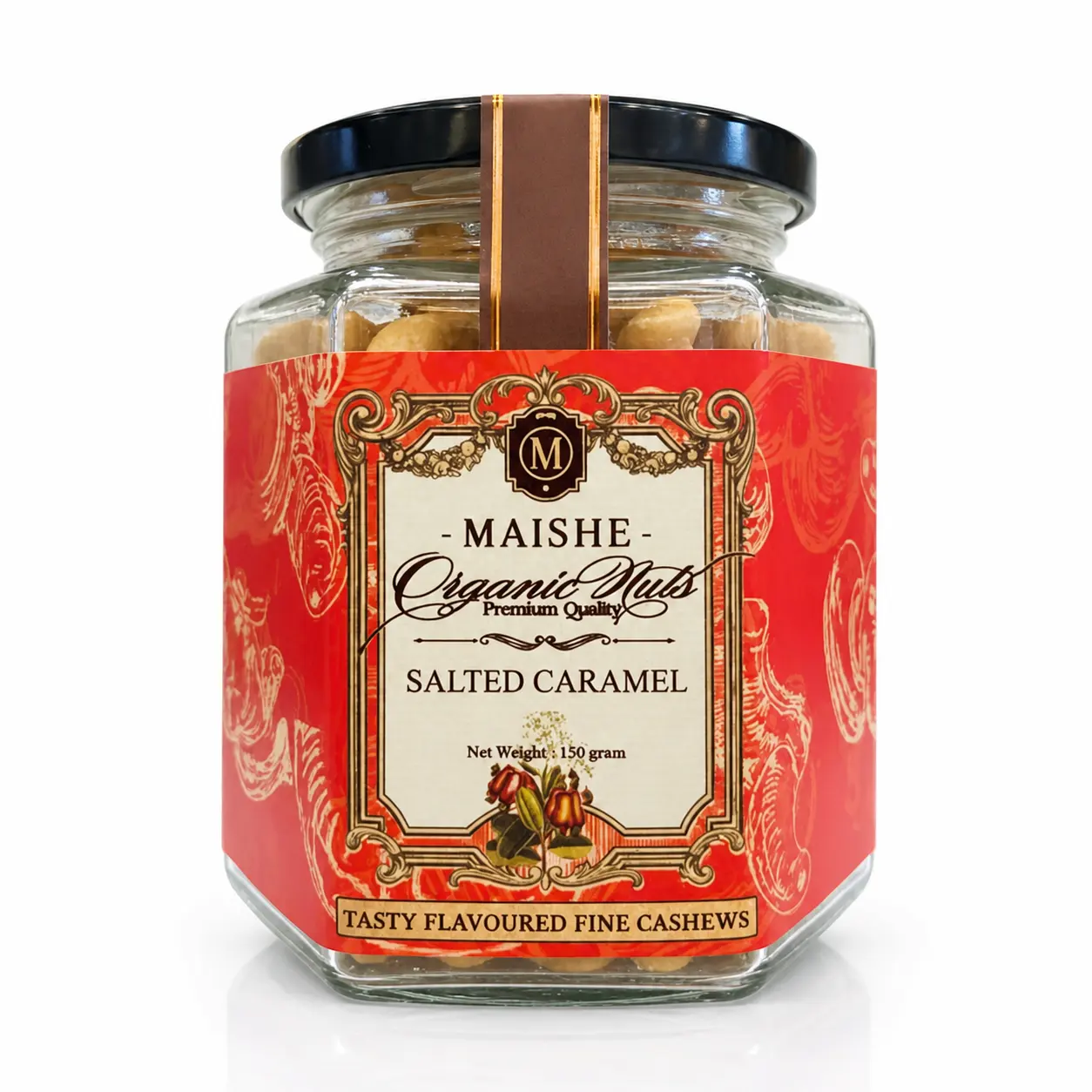 Hạt điều vị caramel MAISHE 150g hộp thuỷ tinh lục lăng màu đỏ