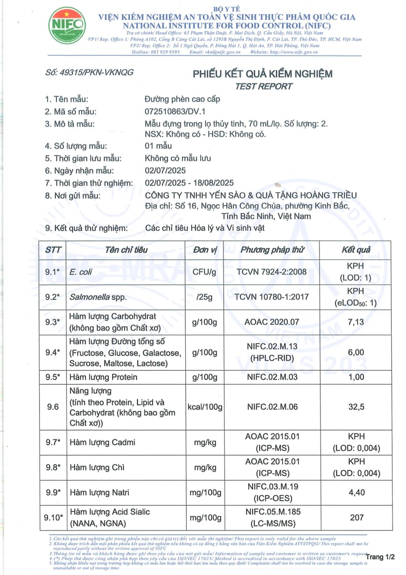 Kết quả kiểm nghiệm — Dòng Cao Cấp | 检验报告 — 高级系列