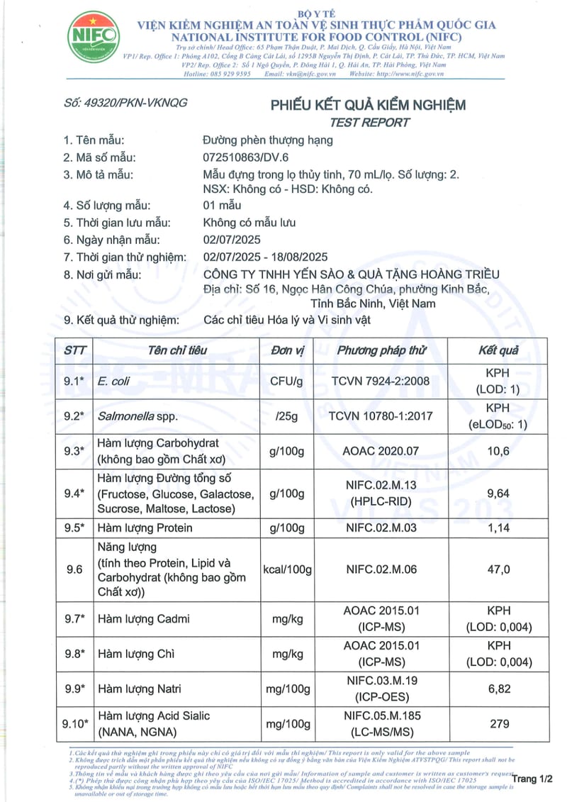 Kết quả kiểm nghiệm — Dòng Thượng Hạng | 检验报告 — 顶级系列