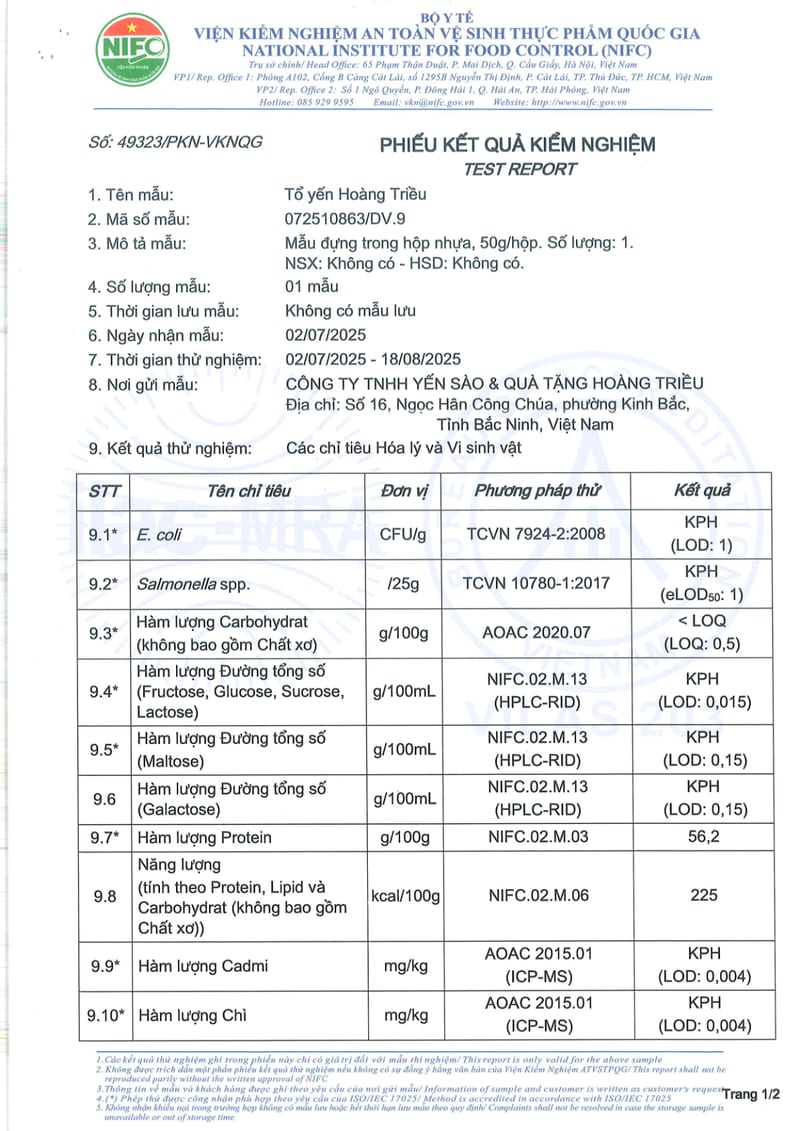 Kết quả kiểm nghiệm — Tổ Yến | 检验报告 — 燕窝