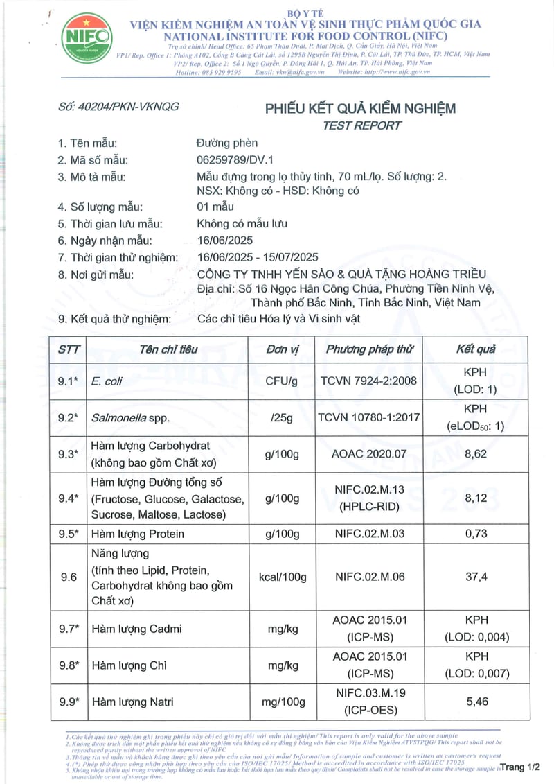 Kết quả kiểm nghiệm — Yến Chưng Thường | 检验报告 — 普通即食燕窝